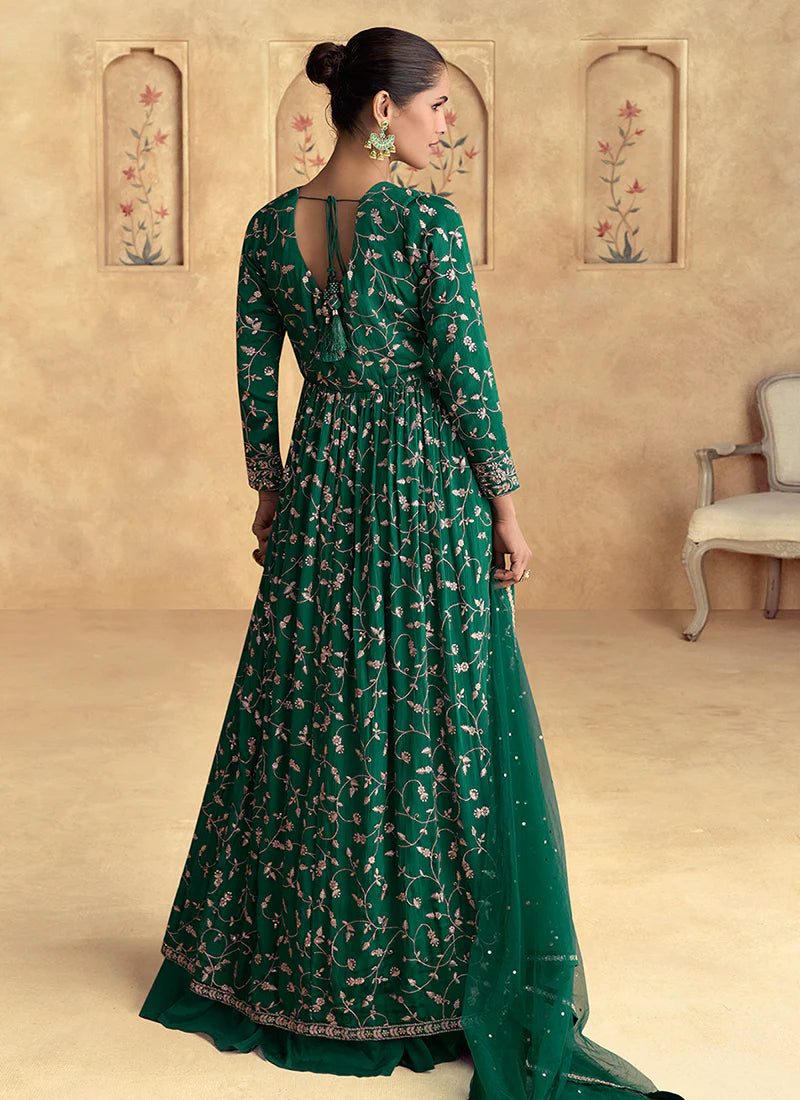 Dark Green Golden Embroidery Slit Style Anarkali Lehenga