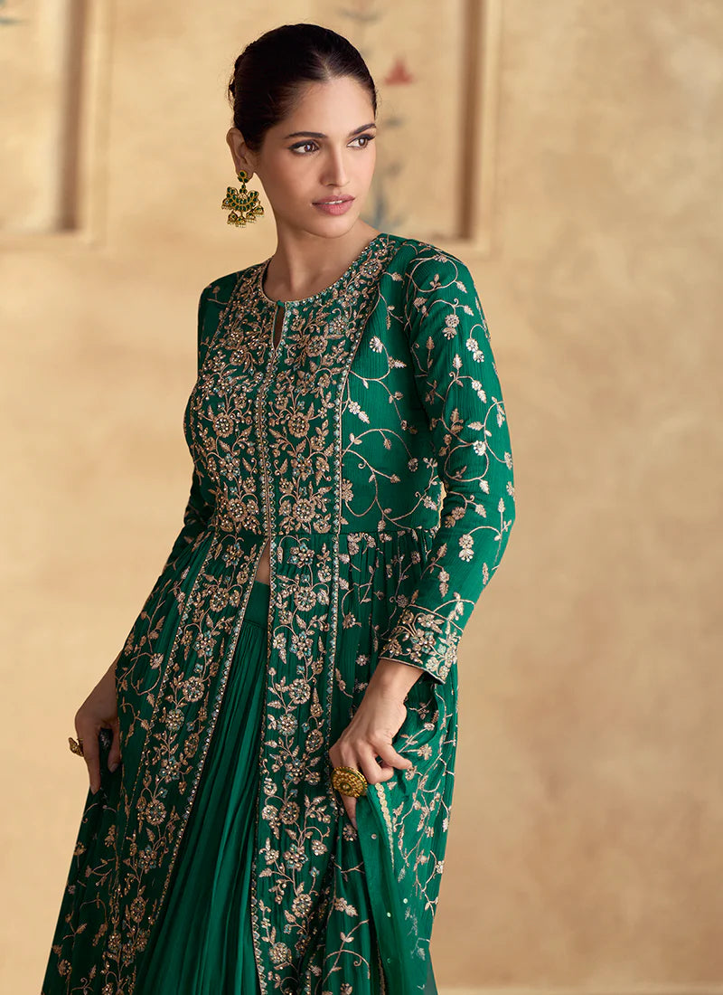 Dark Green Golden Embroidery Slit Style Anarkali Lehenga