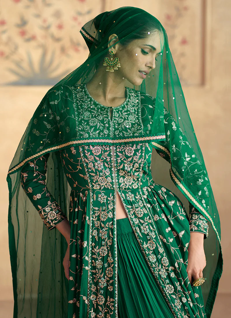 Dark Green Golden Embroidery Slit Style Anarkali Lehenga