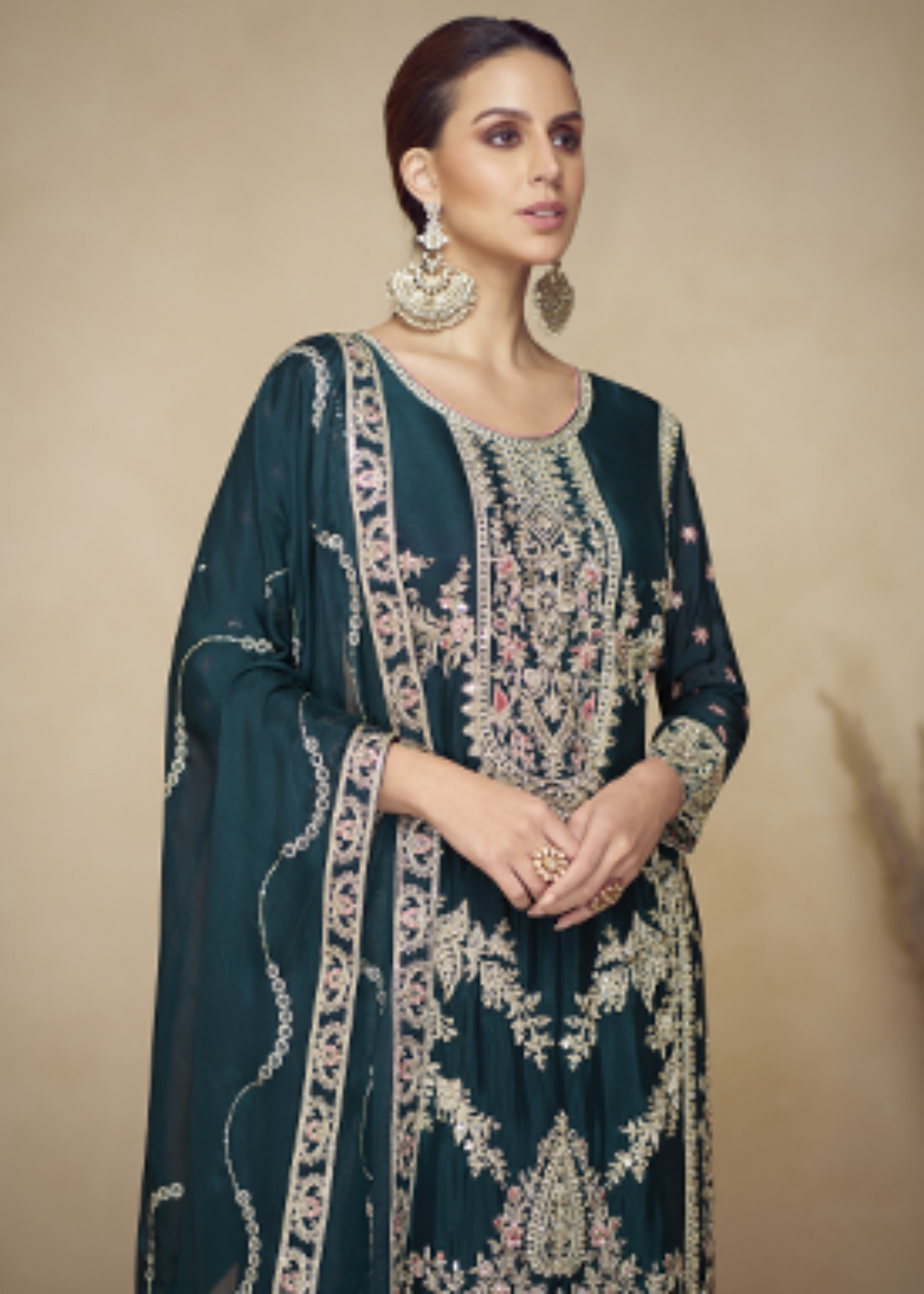 Dark Green Silk Hand Embroidered Palazzo Suit.