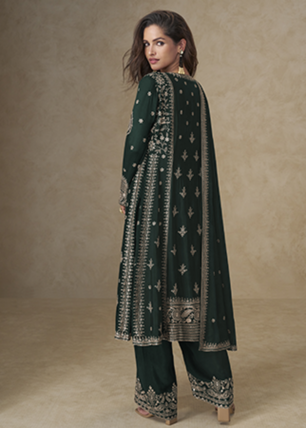 Dark Green Zari Embroidered Chinon Silk Suit-2025