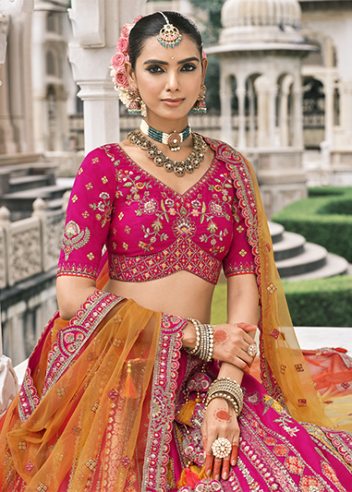 Dark Pink Embroidered Silk Bridal Lehenga..