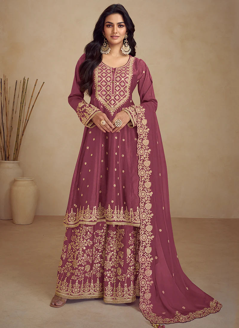 Deep Pink Embroidery Anarkali Sharara Suit