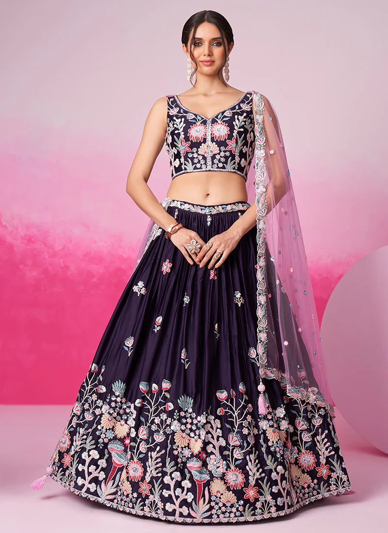 Deep Purple Embroidered Bridal Lehenga Choli