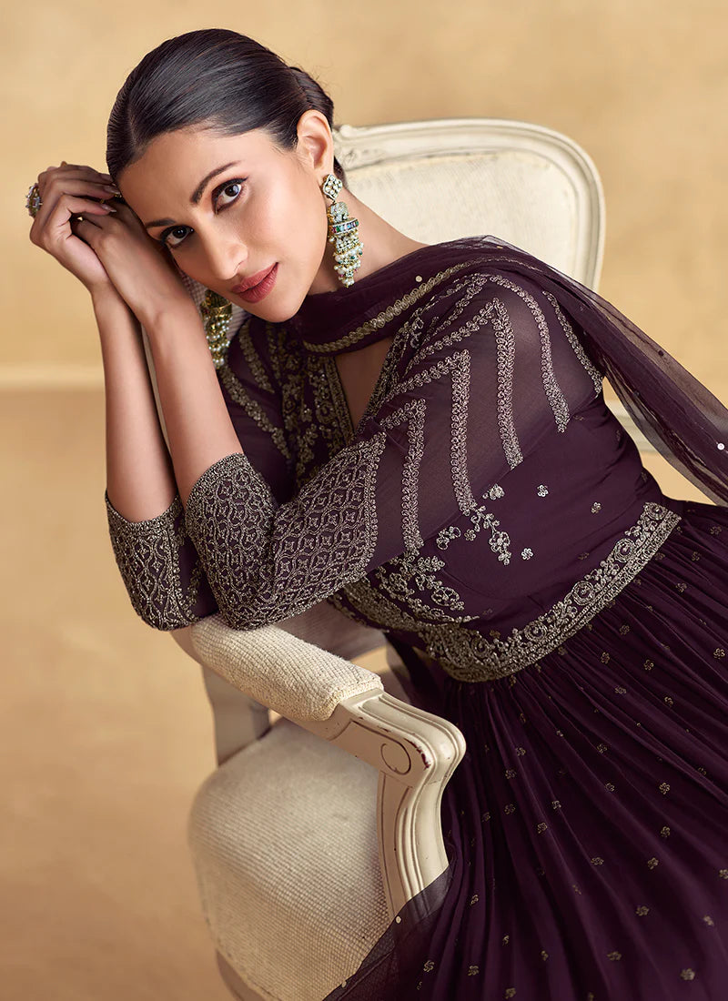 Deep Purple Embroidered Georgette Anarkali Gown Dress