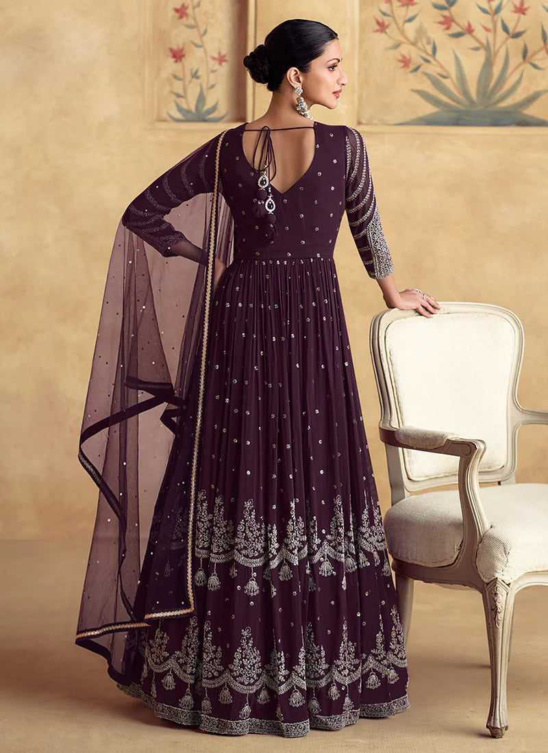 Deep Purple Embroidered Georgette Anarkali Gown Dress