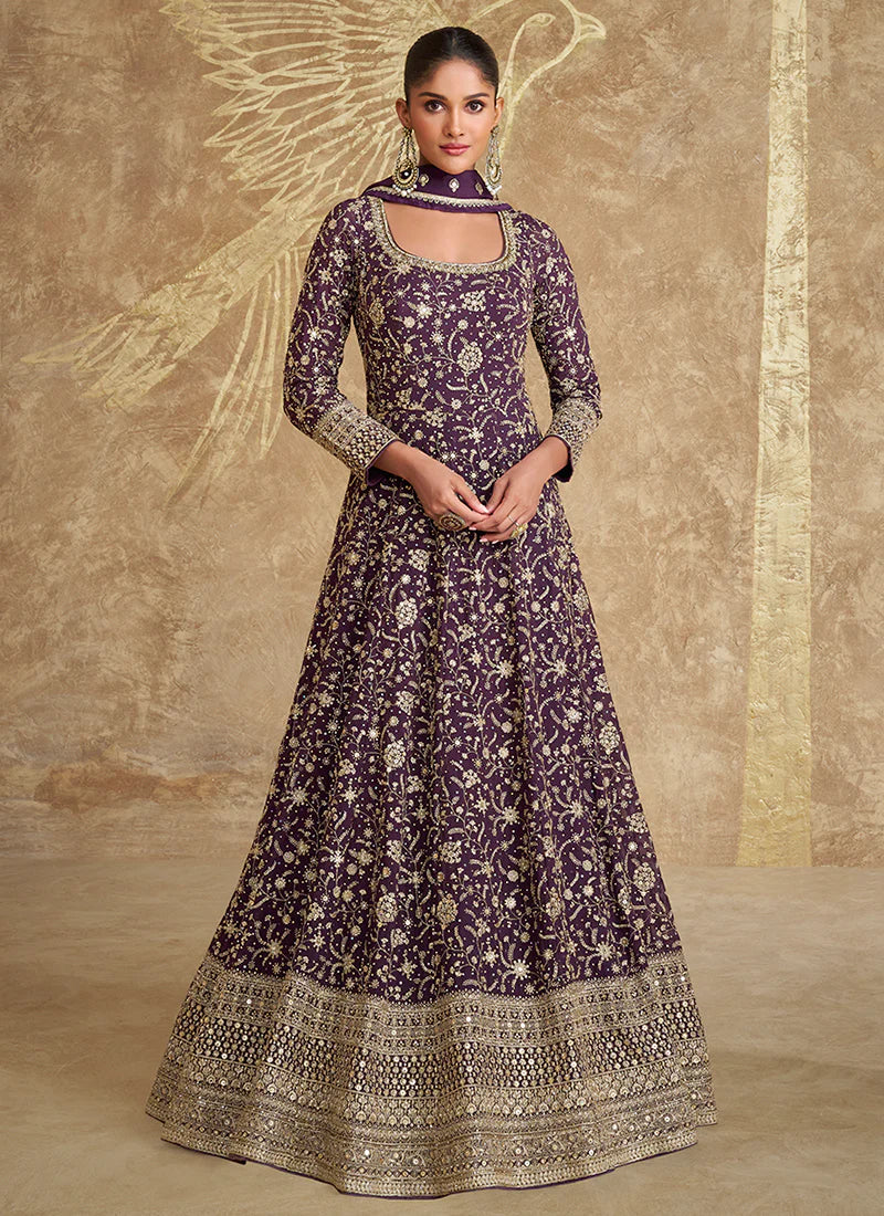 Deep Purple Embroidery Festive Anarkali Gown Dress