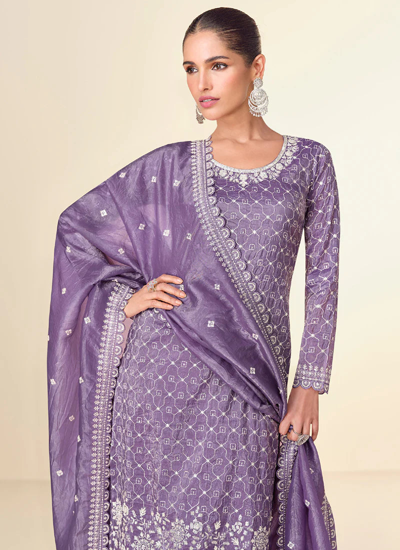 Deep Purple Embroidery Party Wear Palazzo Suit