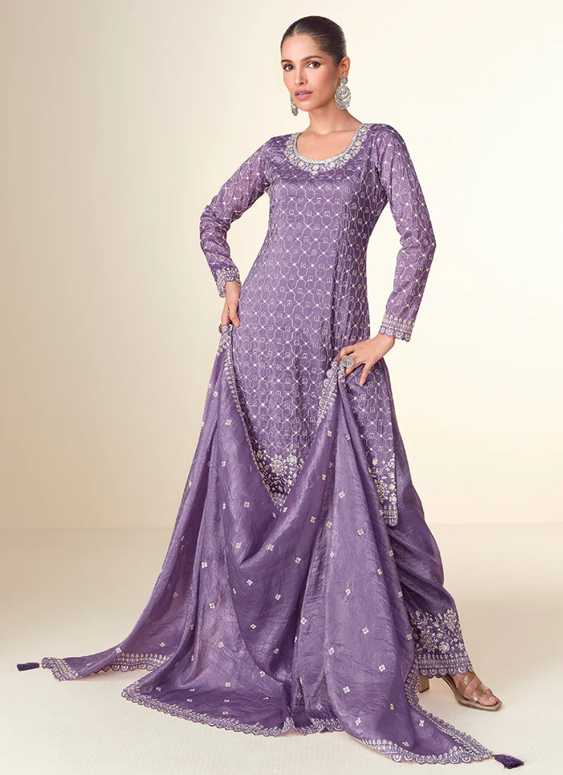 Deep Purple Embroidery Party Wear Palazzo Suit