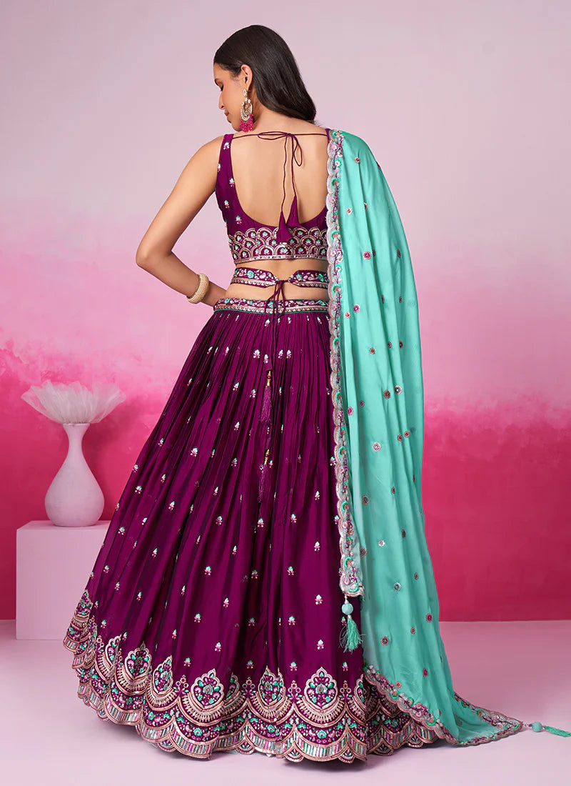 Deep Purple Multi Embroidered Bridal Lehenga Choli