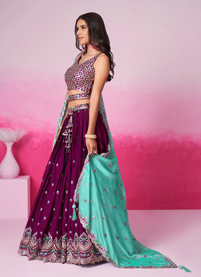 Deep Purple Multi Embroidered Bridal Lehenga Choli