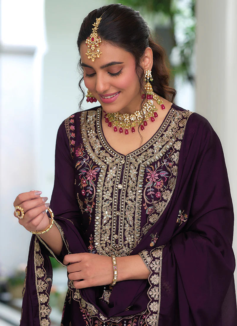 Deep Purple Multi Embroidery Traditional Palazzo Suit