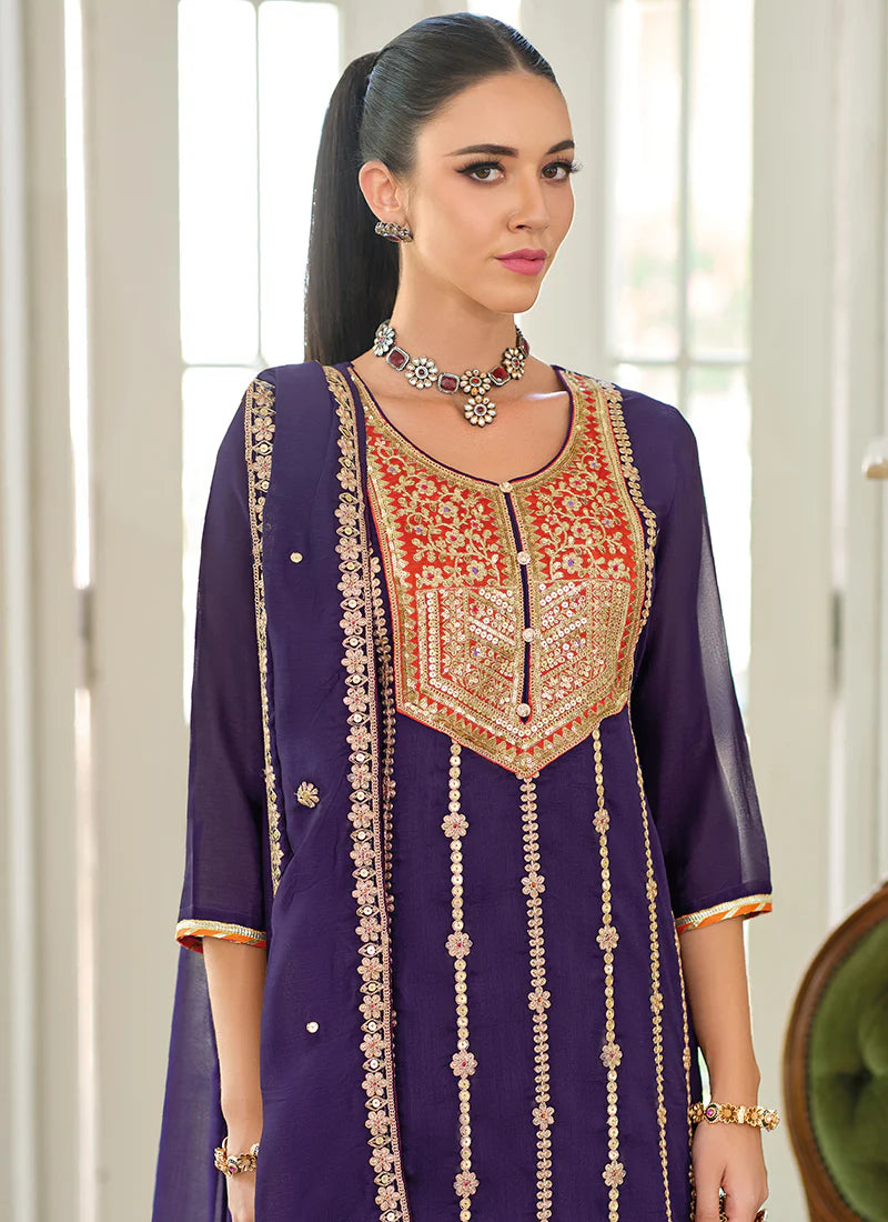 Deep Purple Multi Embroidery Wedding Sharara Suit