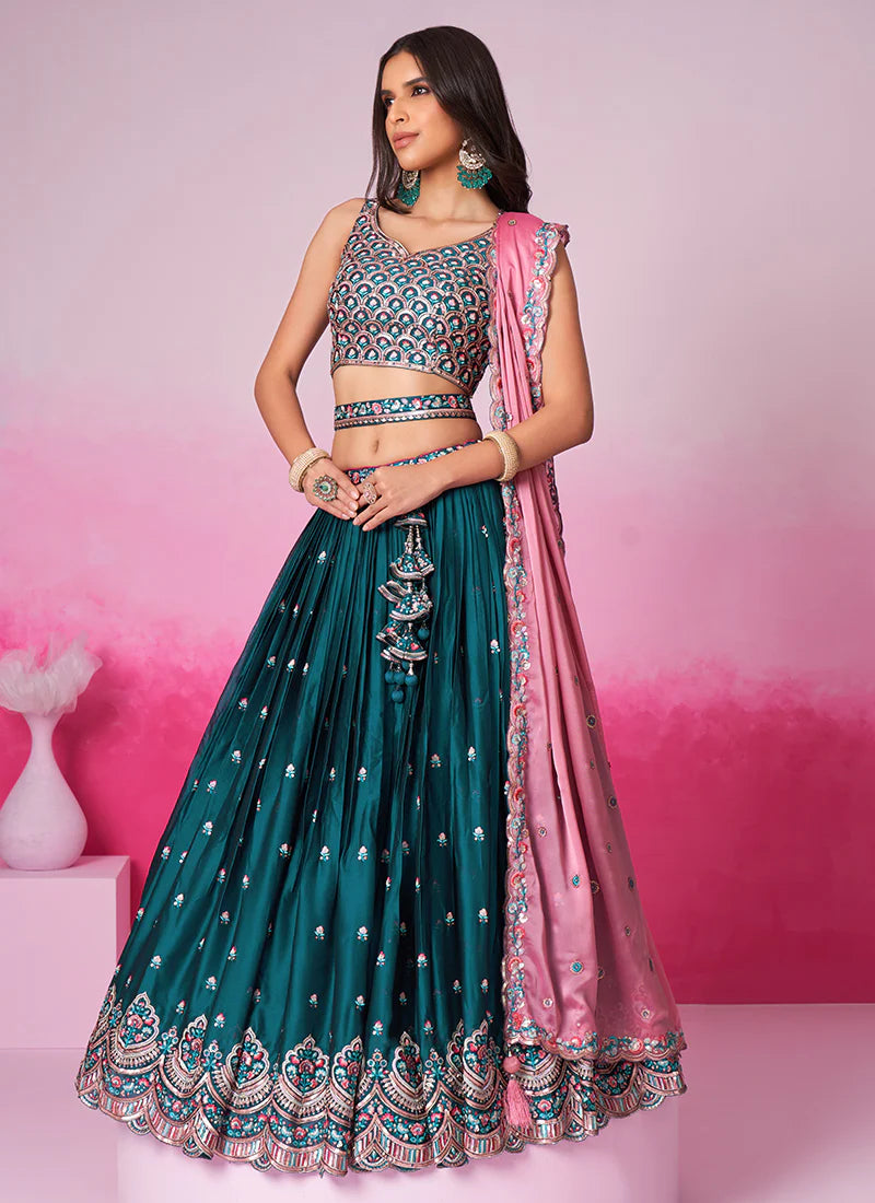 Deep Turquoise Multi Embroidered Bridal Lehenga Choli