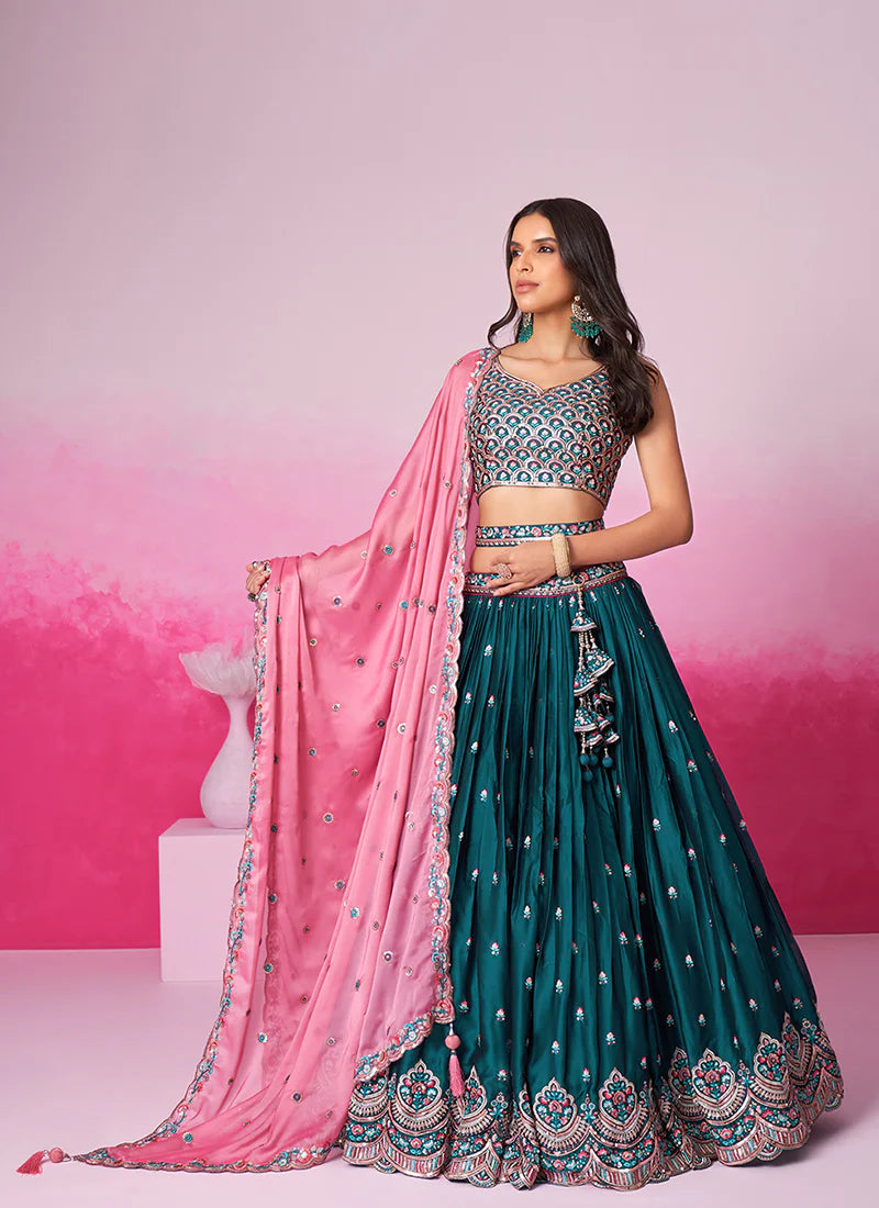 Deep Turquoise Multi Embroidered Bridal Lehenga Choli