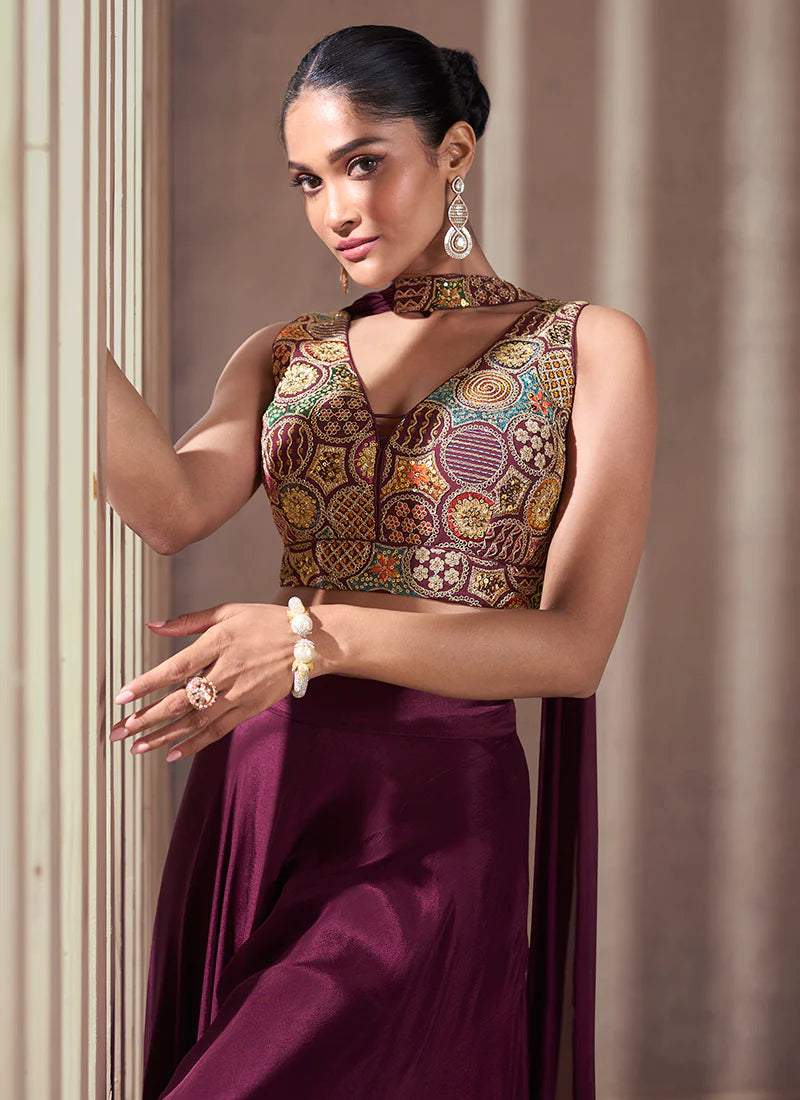 Deep Wine Multi Designer Embroidered Co-Ord Palazzo Set