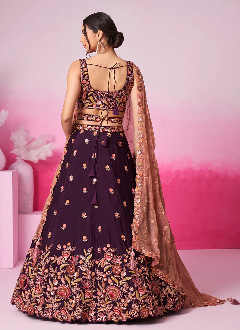 Deep Wine Multi Embroidery Bridal Lehenga Choli