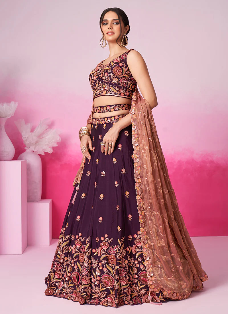 Deep Wine Multi Embroidery Bridal Lehenga Choli