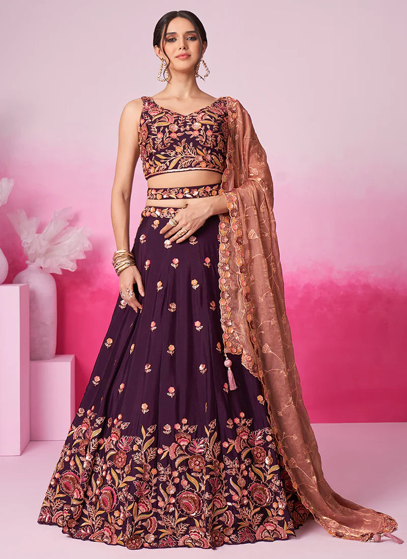 Deep Wine Multi Embroidery Bridal Lehenga Choli