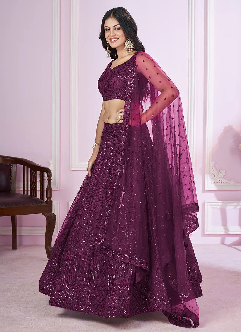 Deep Wine Sequence Embroidery Traditional Festive Lehenga Choli