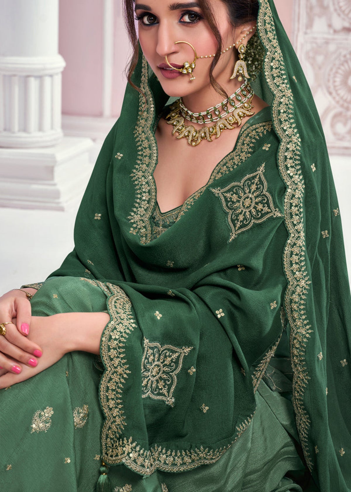 Deep Green chinnon silk Embroidered  Sharara Suit