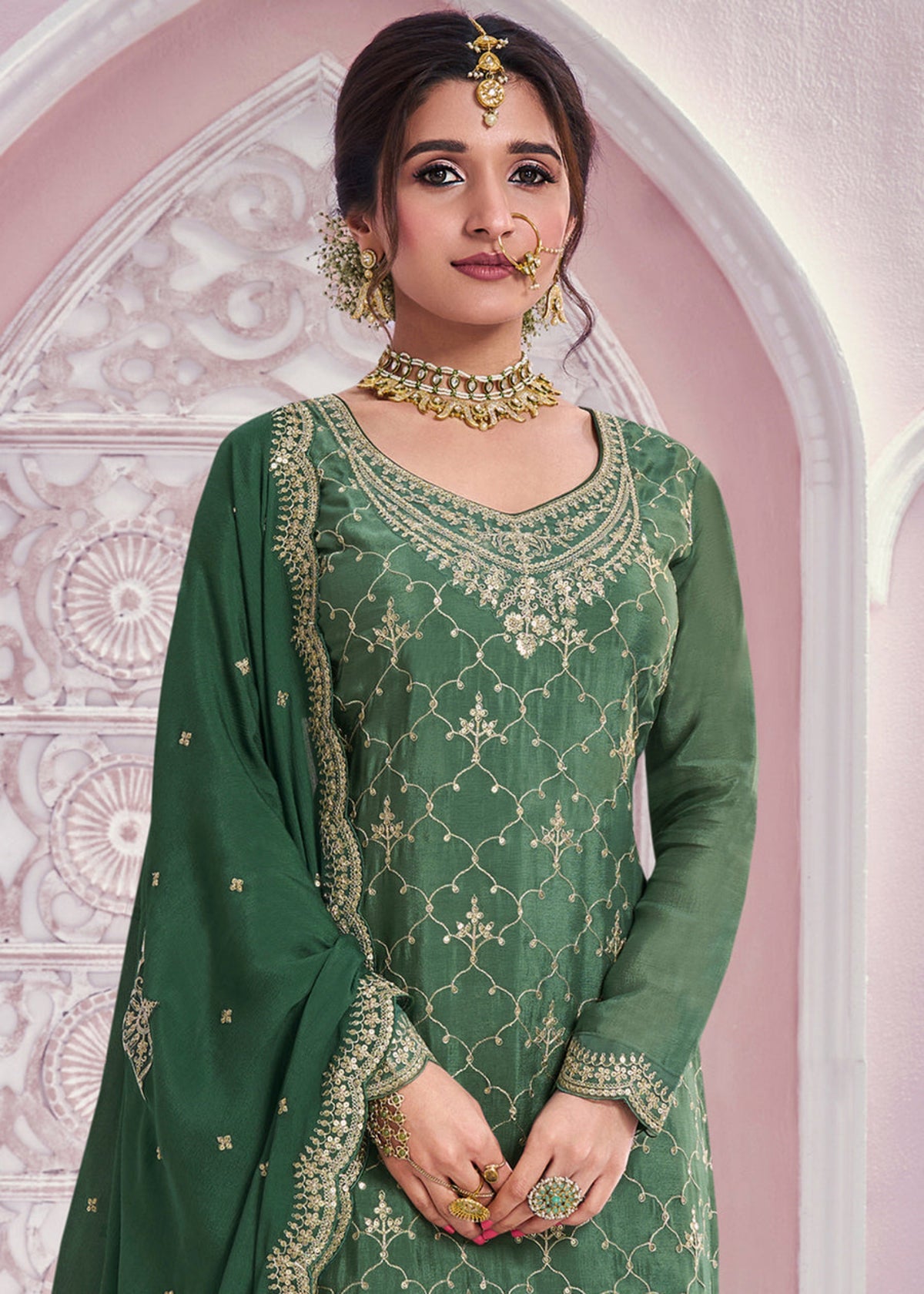 Deep Green chinnon silk Embroidered  Sharara Suit