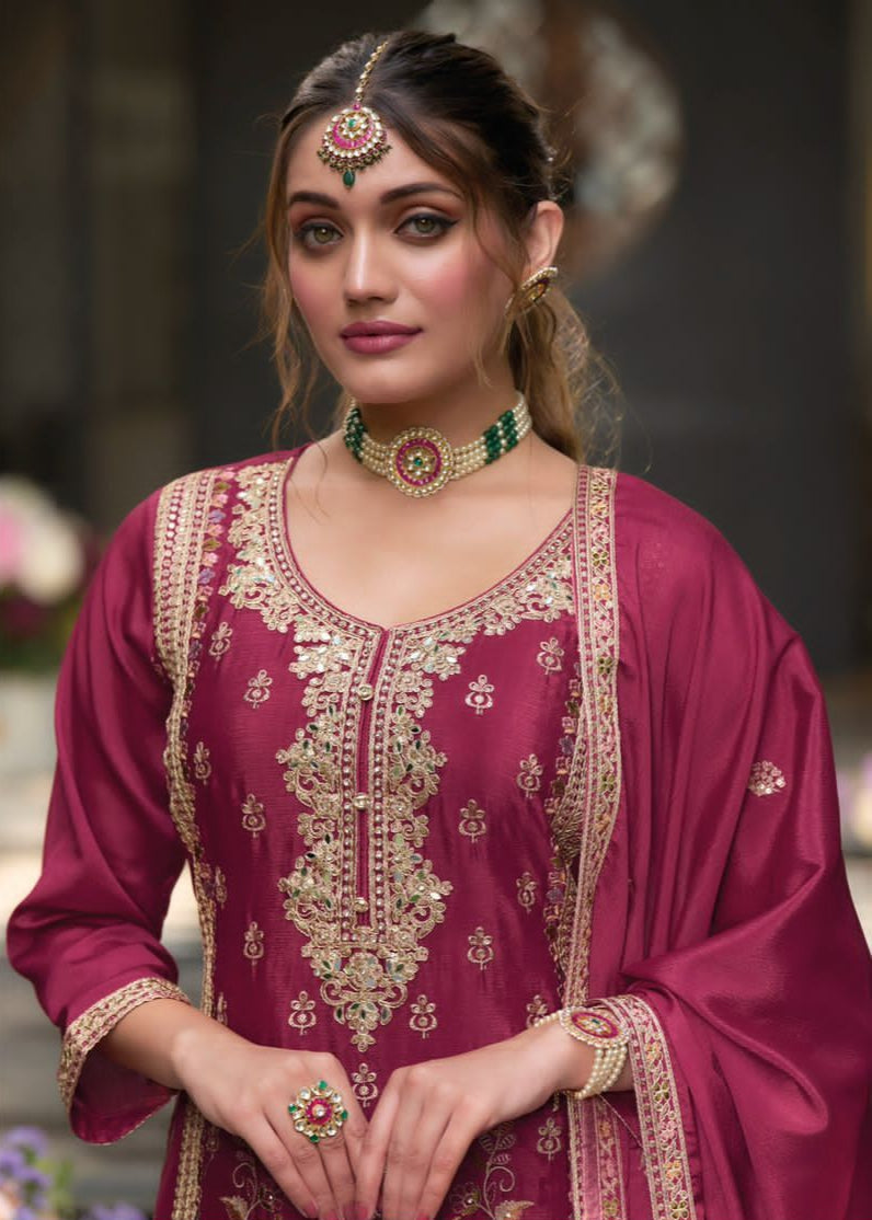 Deep Magenta Multi Embroidery Palazzo Suit