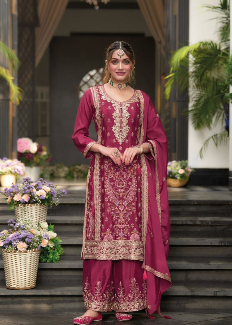 Deep Magenta Multi Embroidery Palazzo Suit