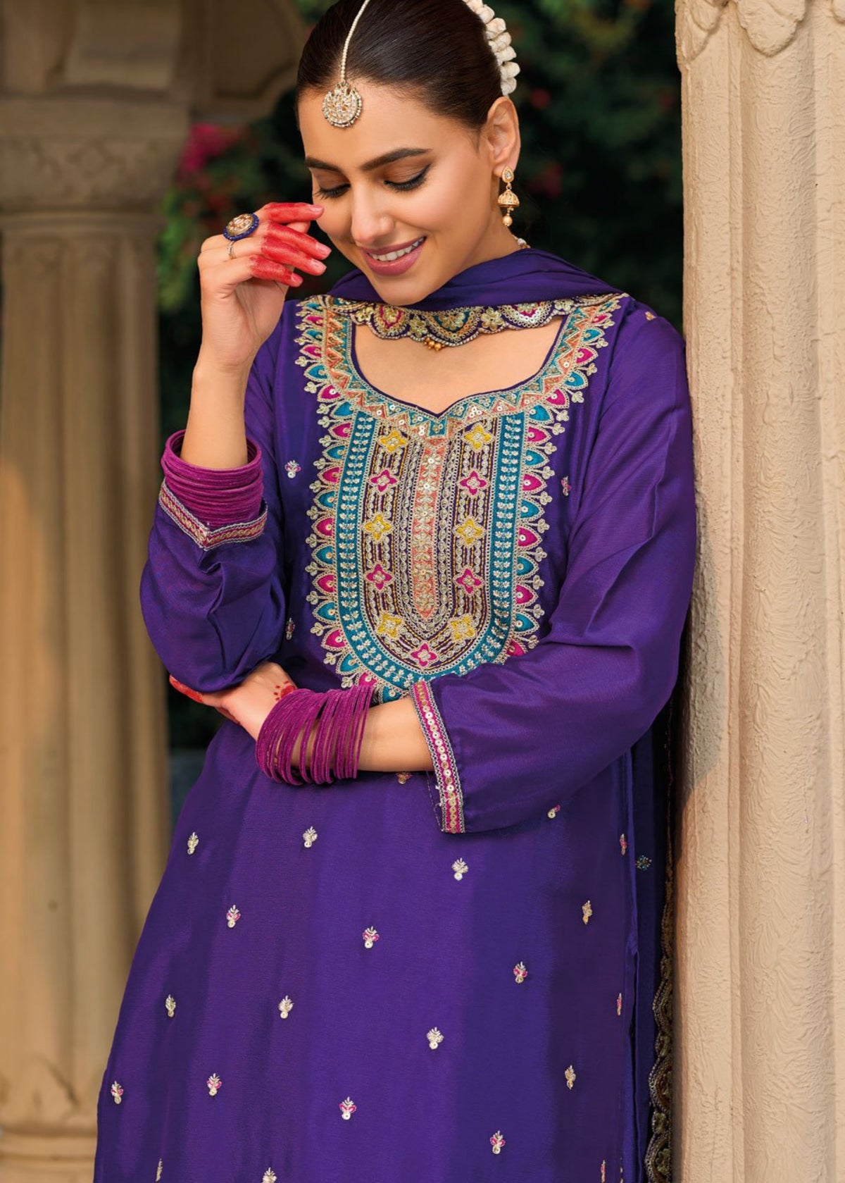 Deep Purple Multi Embroidery Palazzo Suit