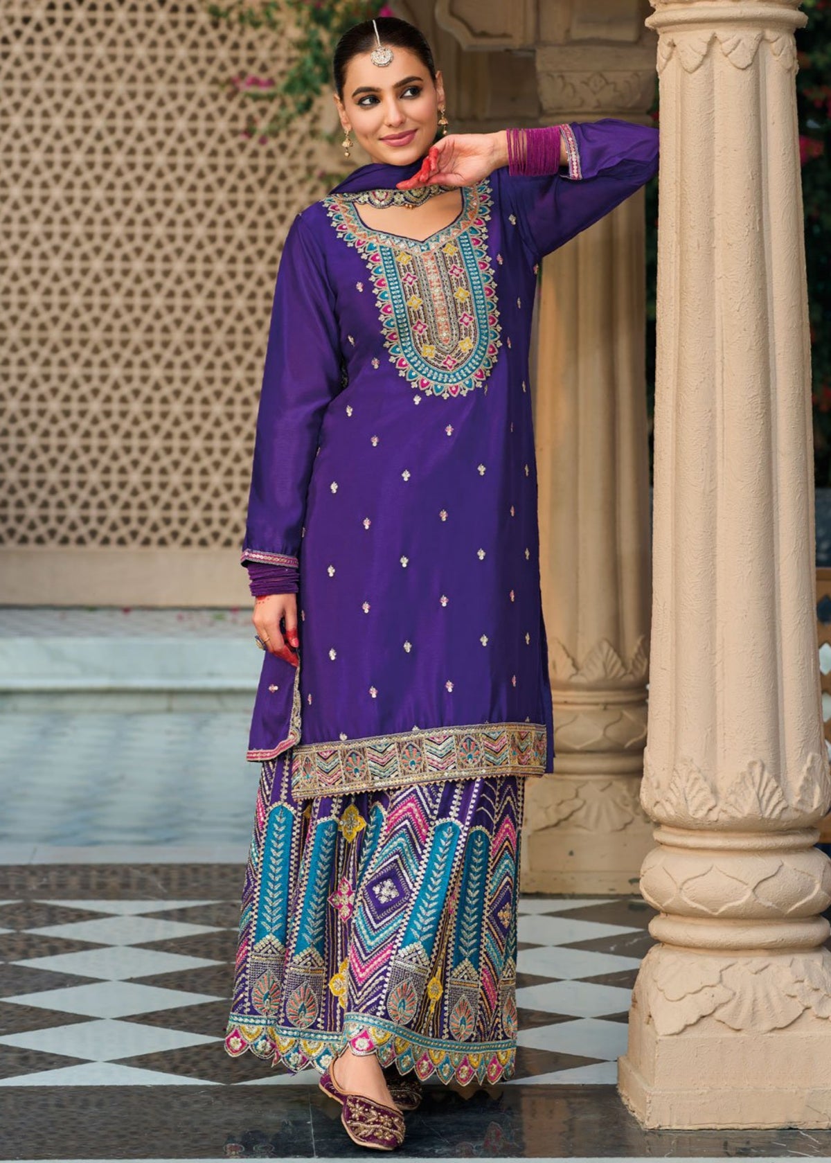 Deep Purple Multi Embroidery Palazzo Suit