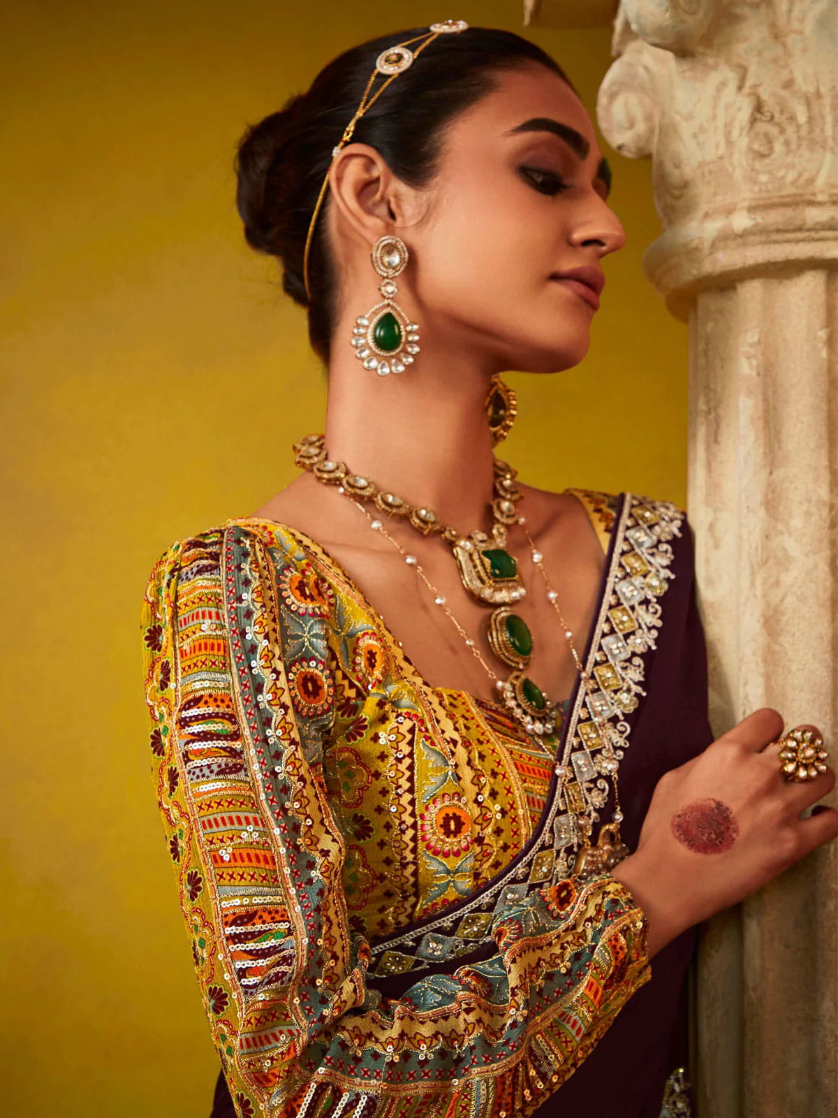 Deep Wine And Yellow Multi Embroidery Silk Saree