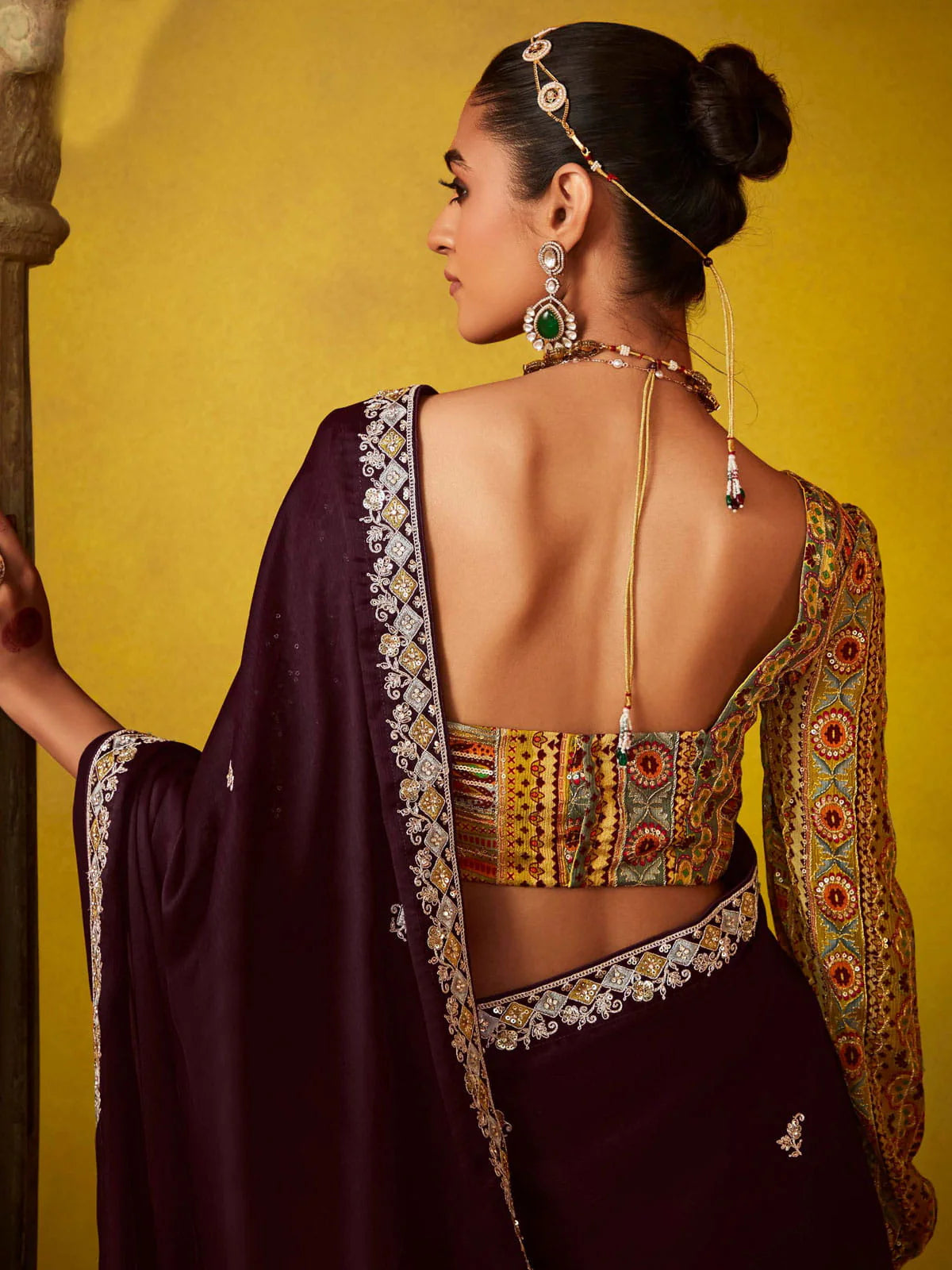 Deep Wine And Yellow Multi Embroidery Silk Saree