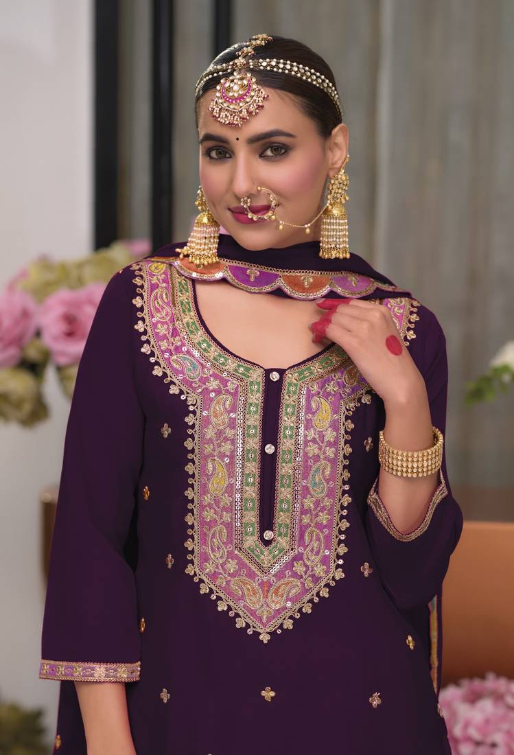 Deep Wine Multi colored Embroidery Palazzo Suit