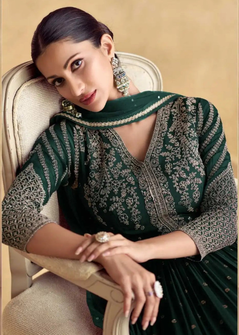 Deep emerald Green Embroidery Wedding Anarkali suit 