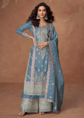 Buy Dusty Blue Embroidered palazzo style Suit