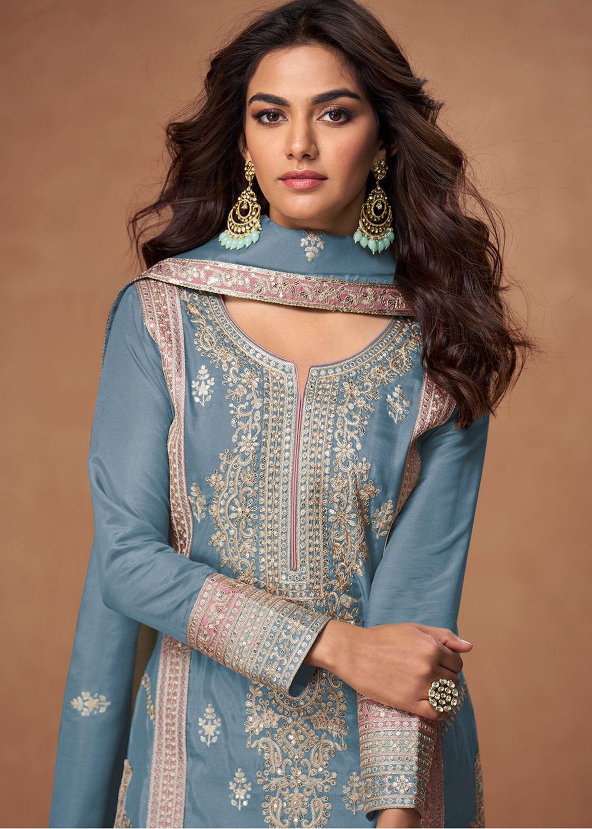 Dusty Blue Embroidered palazzo style Suit