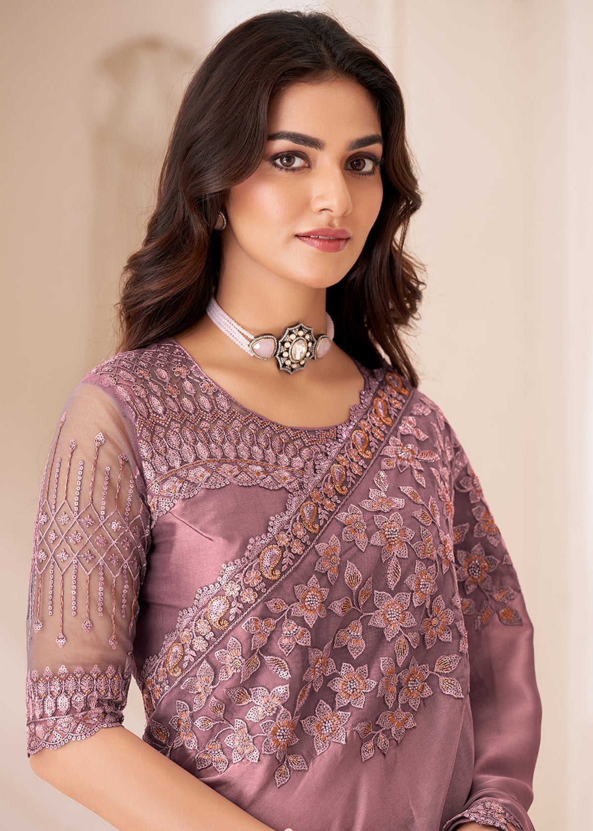 Dusty Pink Sequence Embroidery Wedding Saree