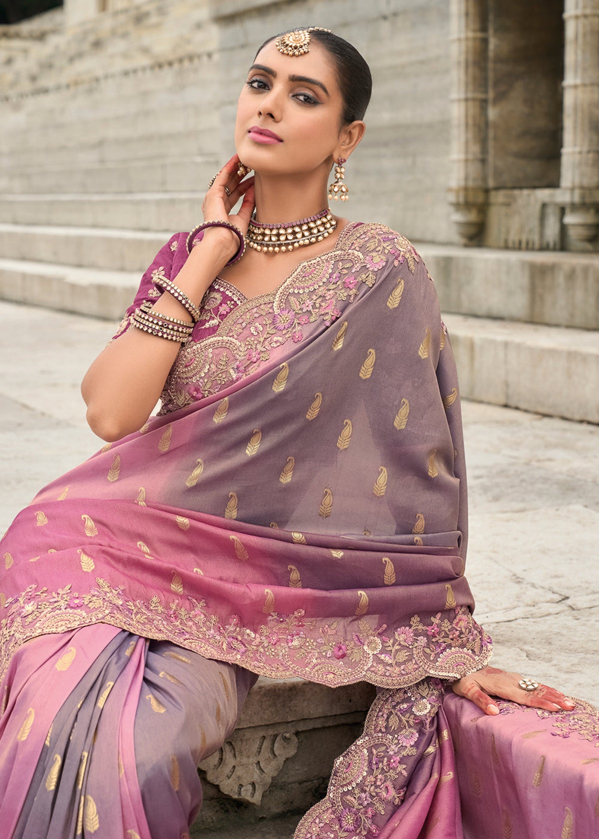 Dusty Rose And Mauve Multi Embroidery Saree