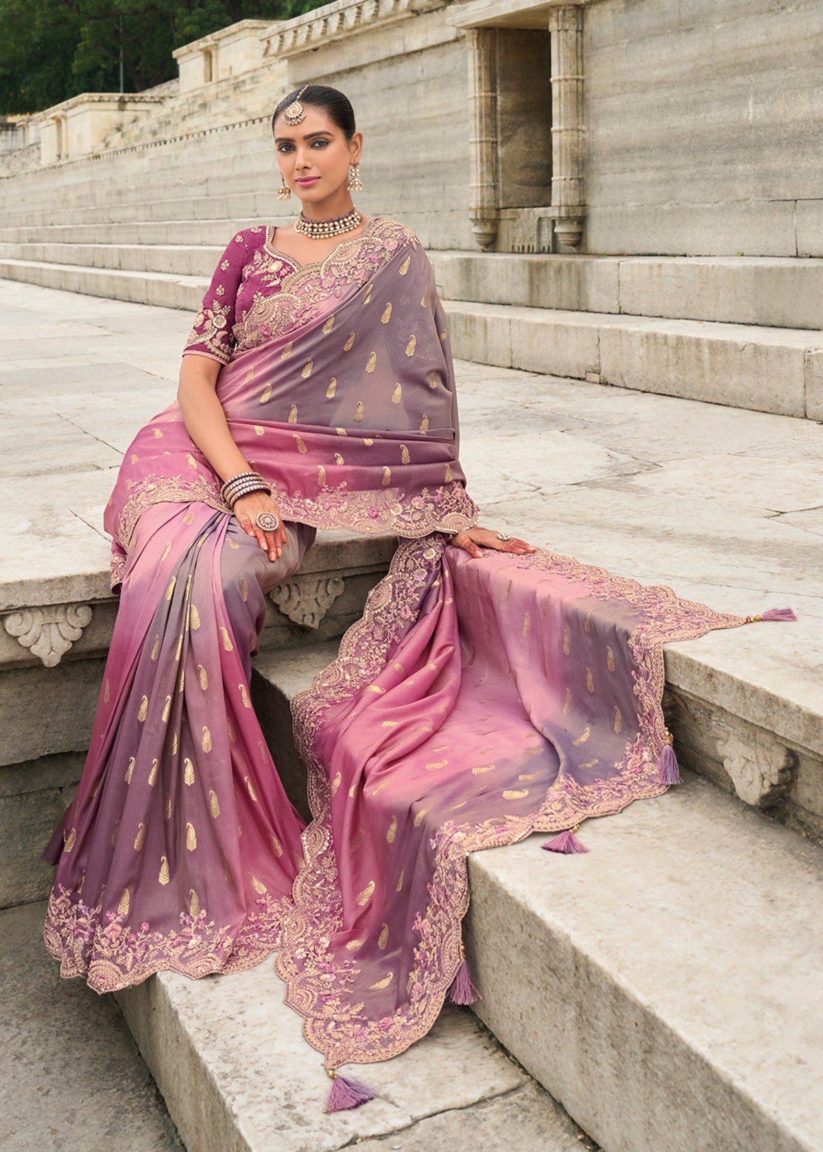 Dusty Rose And Mauve Multi Embroidery Saree