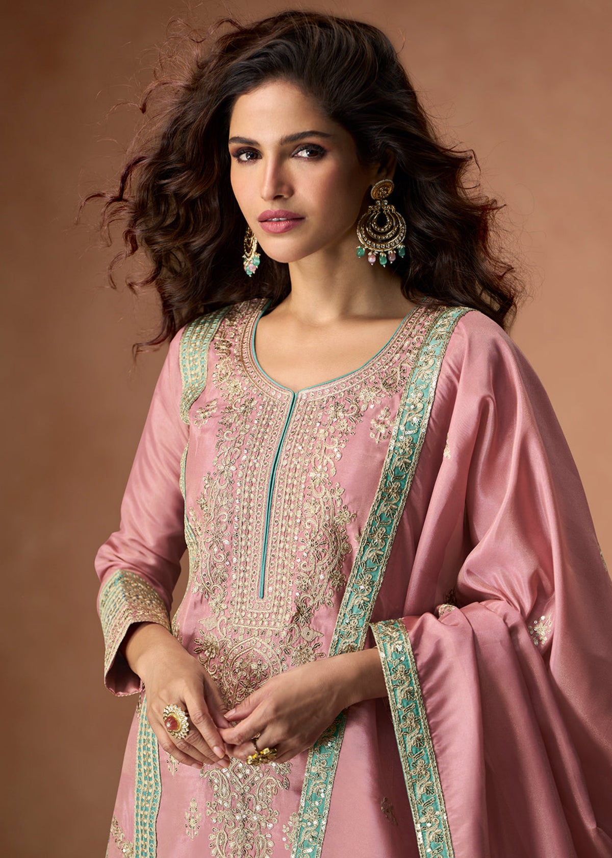 Buy Dusty Rose Embroidered palazzo style Suit