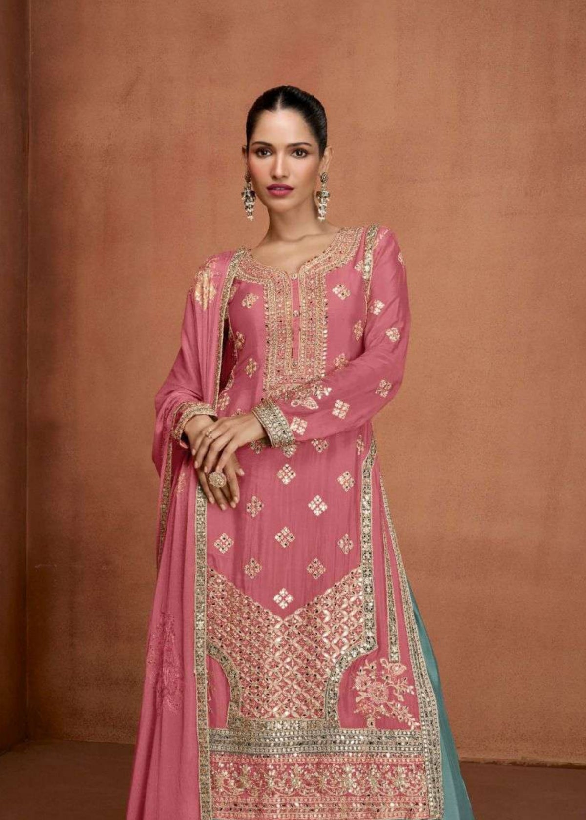 Buy Dusty Rose and Sea Green Embroidered Sharara Suit
