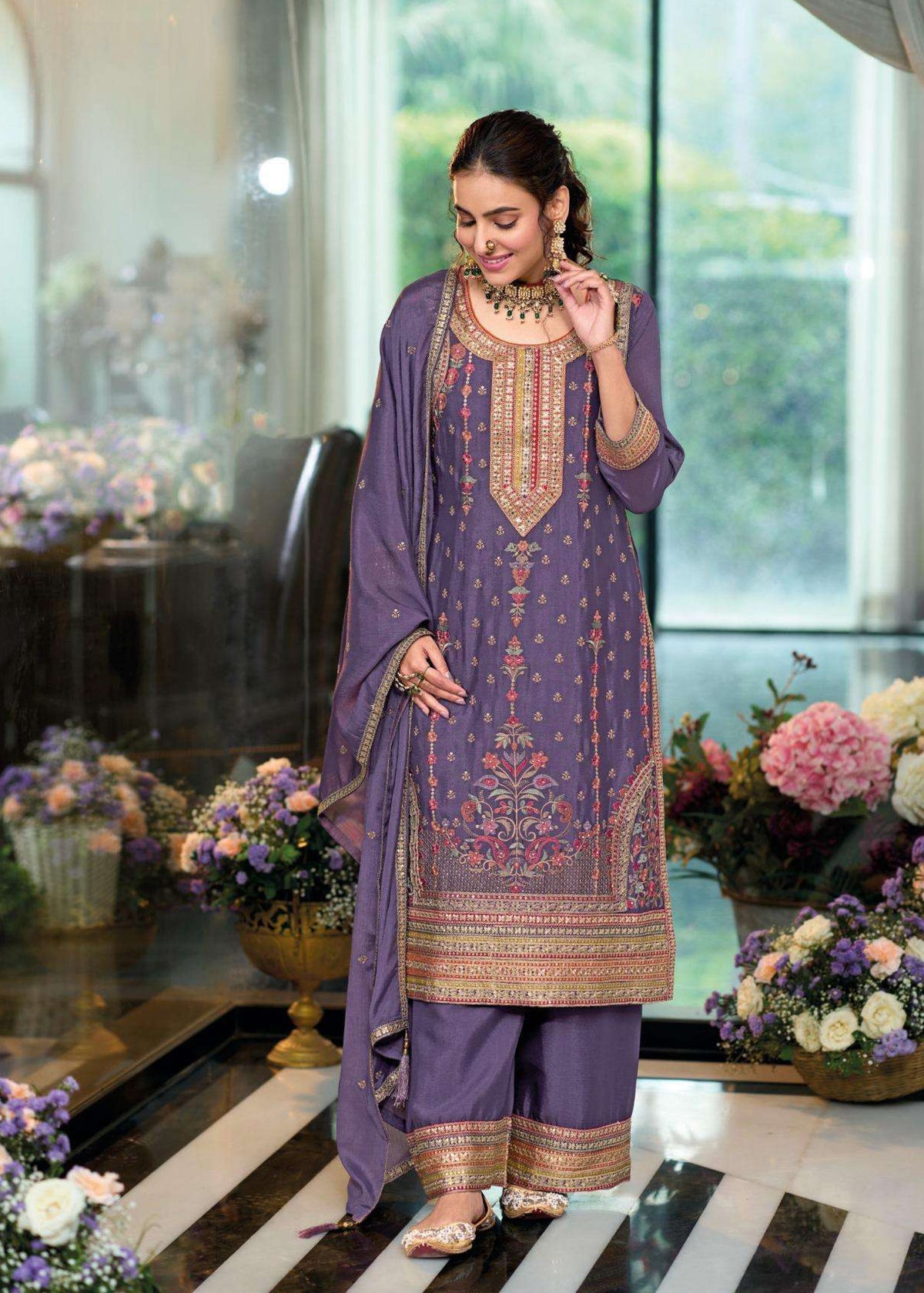 Dusty purple multi embroidery palazzo suit 