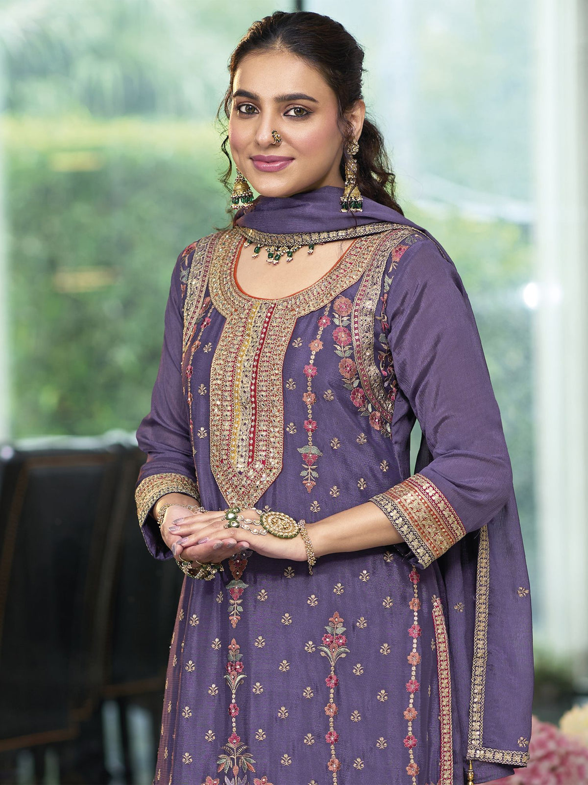 Dusty purple multi embroidery palazzo suit 