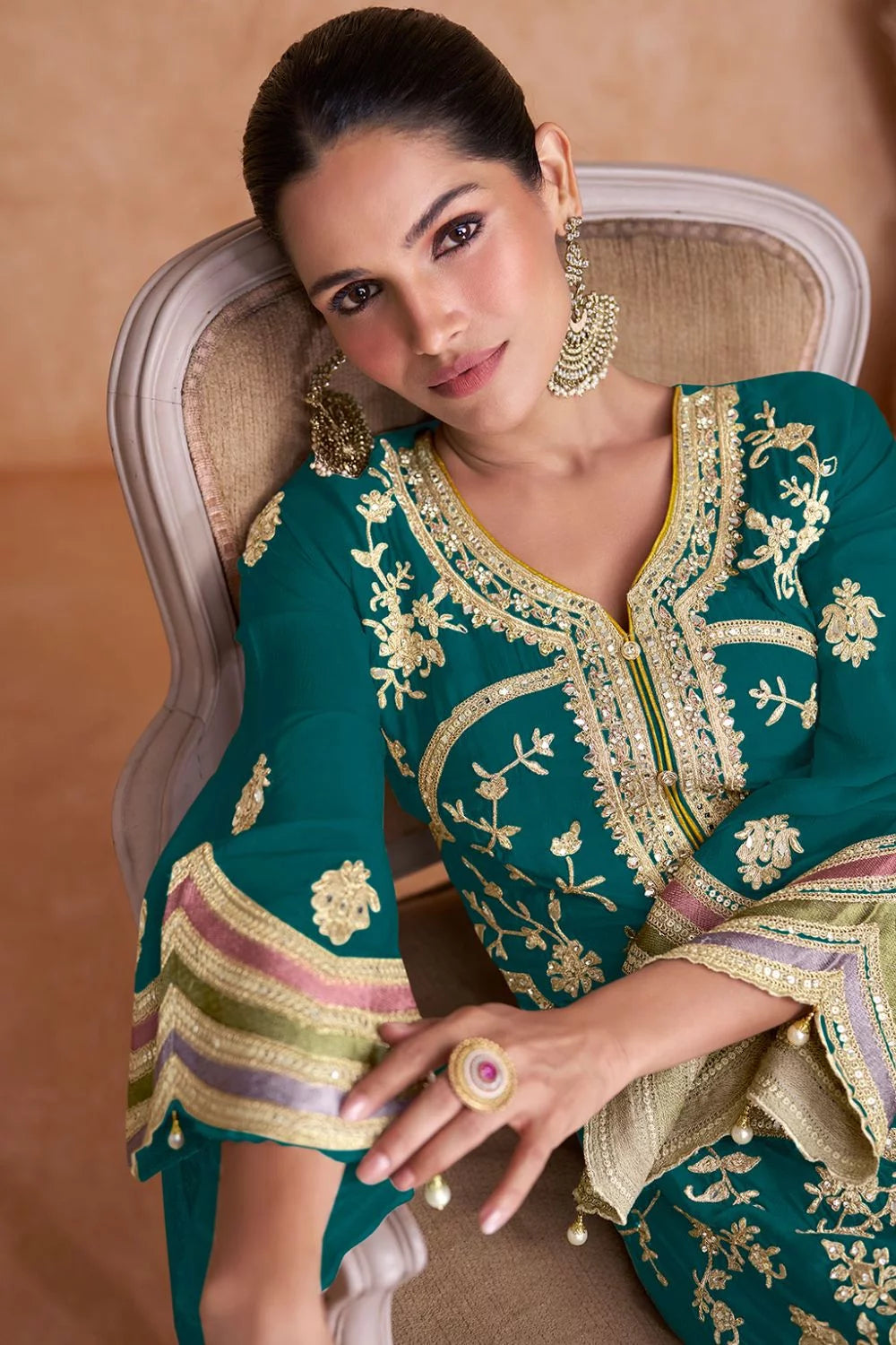 Emerald green Multi Embroidery Pant Style Suit