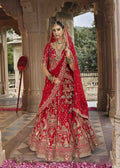 Fiery Red Embroidered Bridal Silk Lehenga.