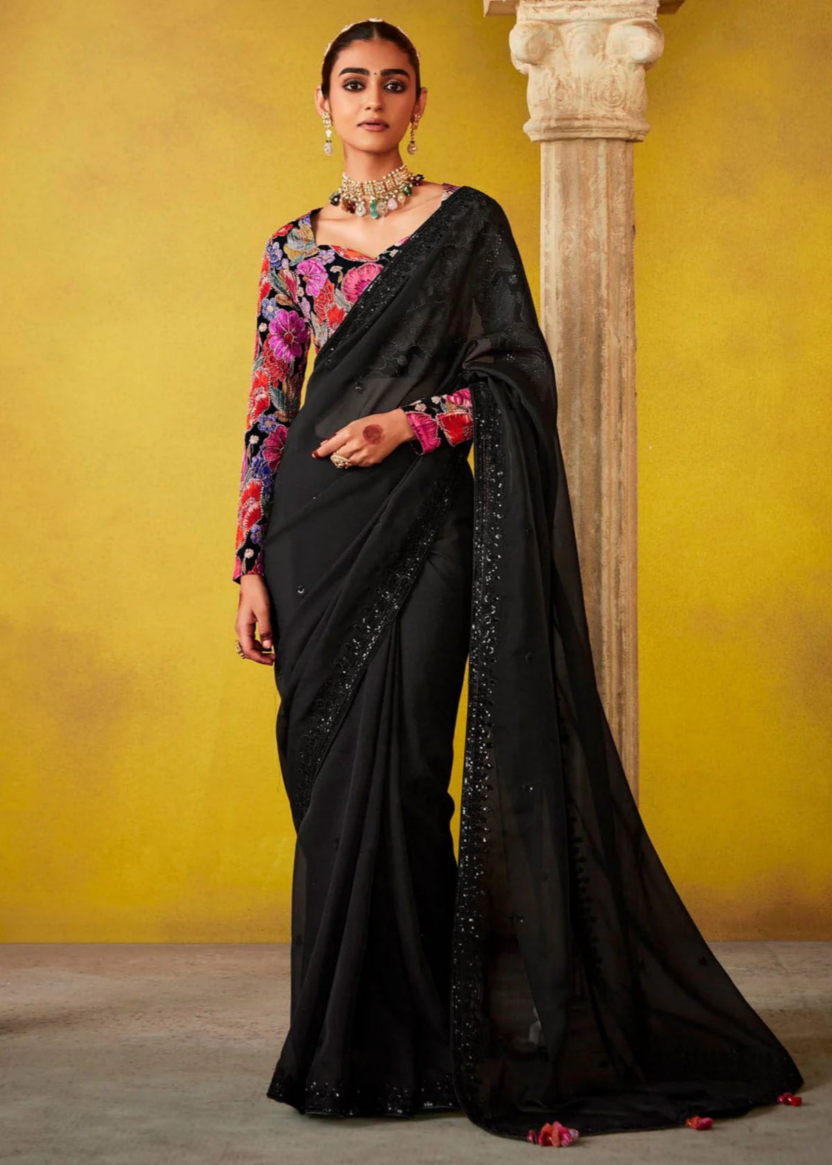 Floral blouse And Black Multi Embroidery Silk Saree