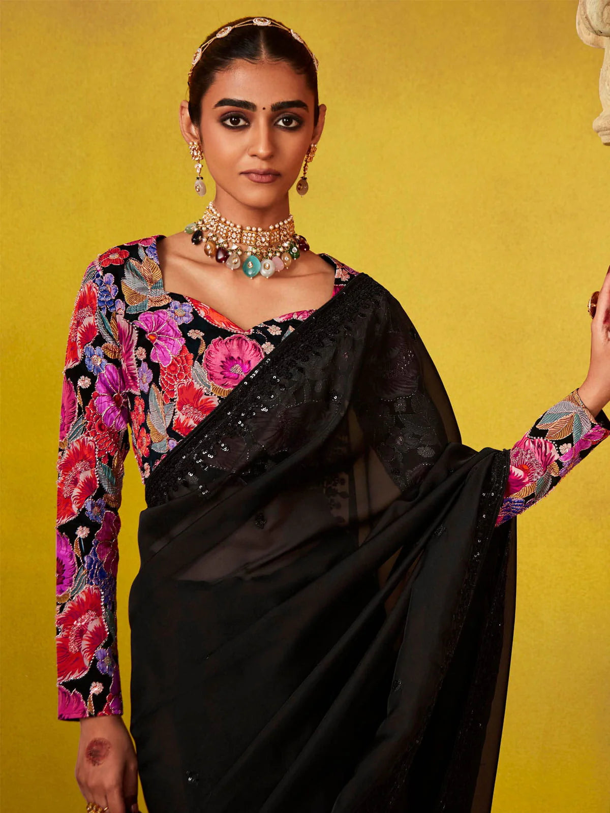 Floral blouse And Black Multi Embroidery Silk Saree