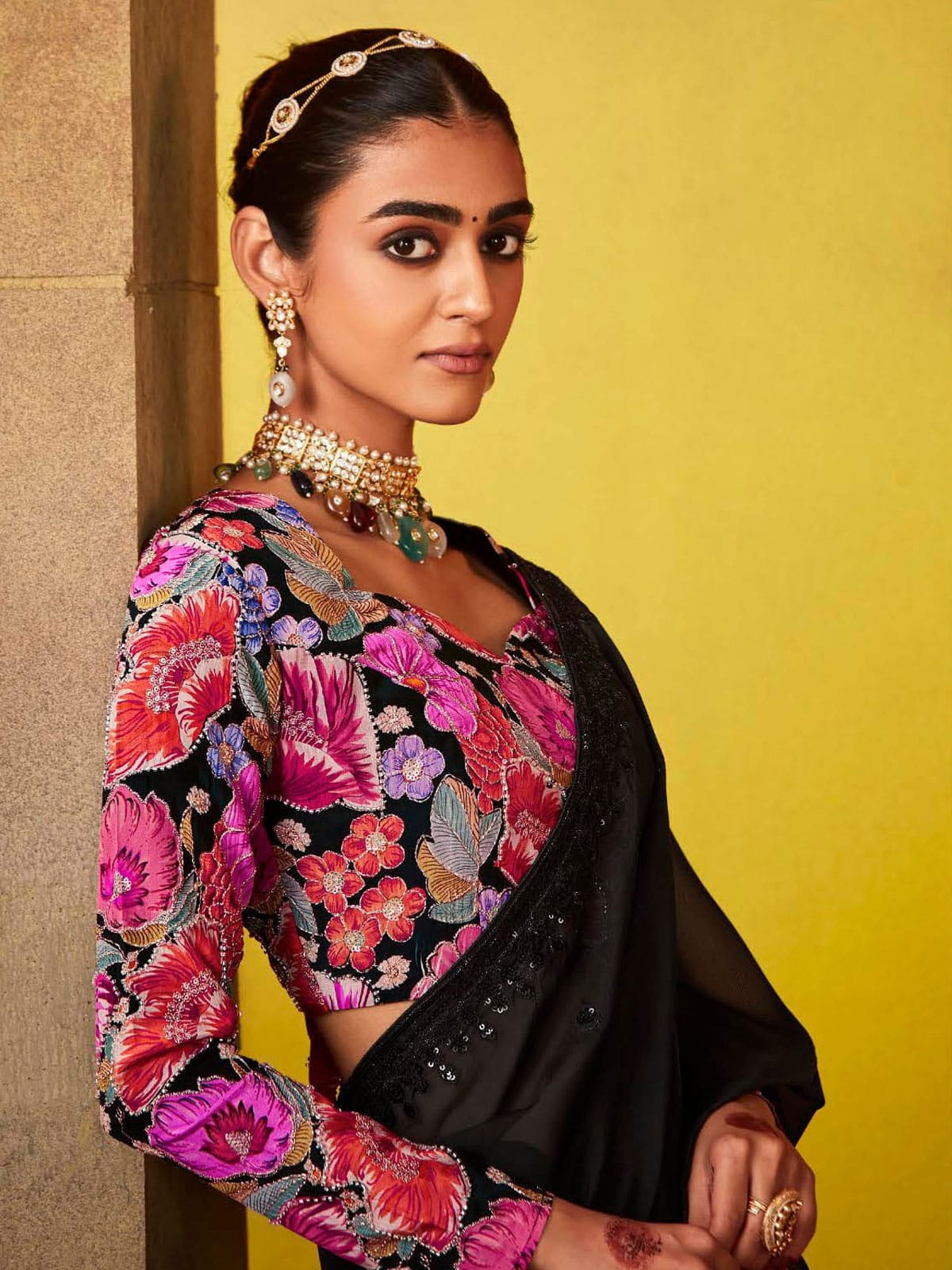 Floral blouse And Black Multi Embroidery Silk Saree