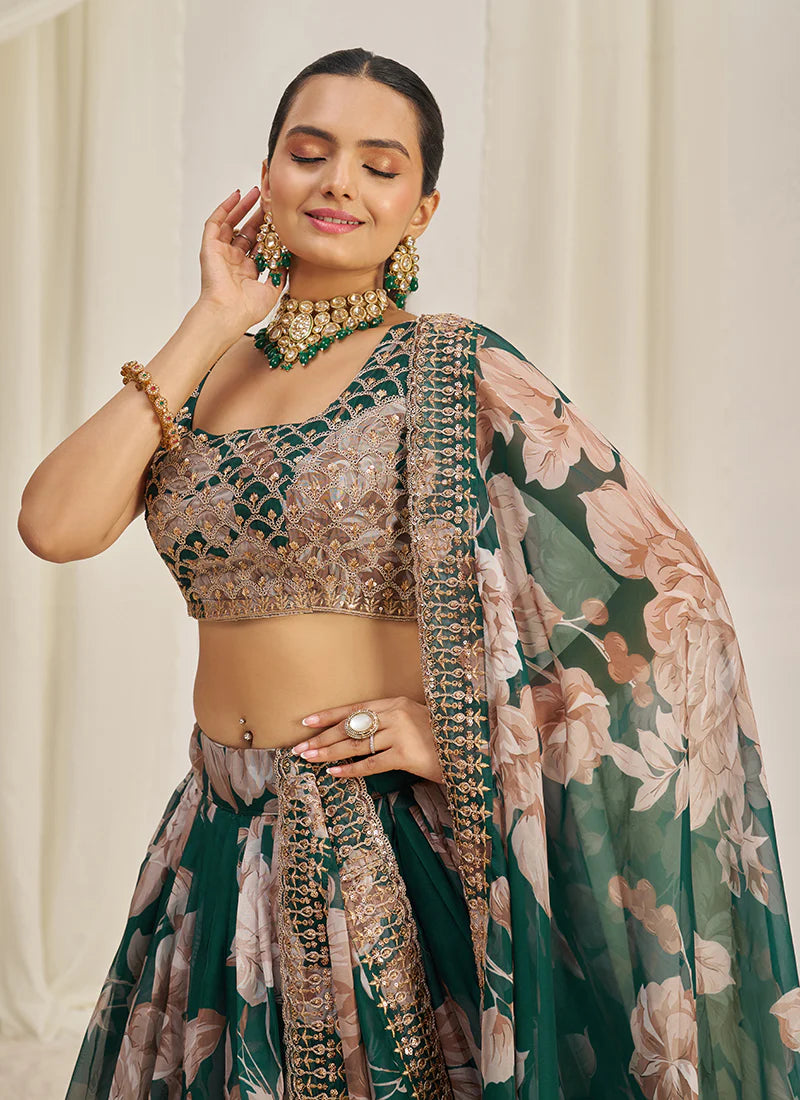 Forest Green Floral Printed Embroidery Lehenga Choli