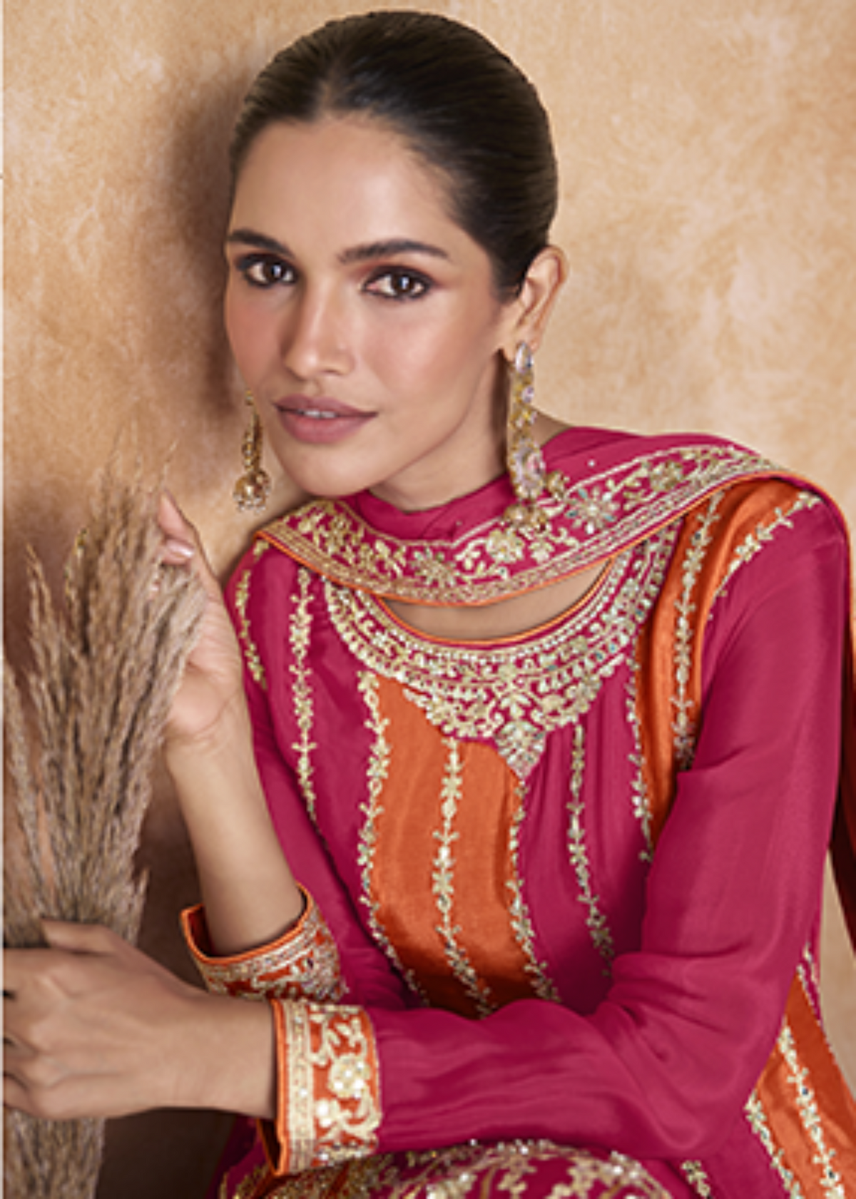 Fuchsia Elegant Chinon Embroidered Sharara Suit..